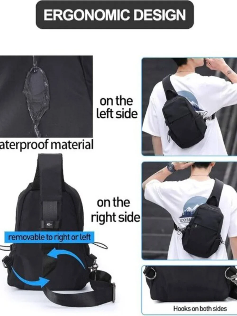 Men's Black Lightweight Hiking Sling Backpack Waterproof Crossbody Bag